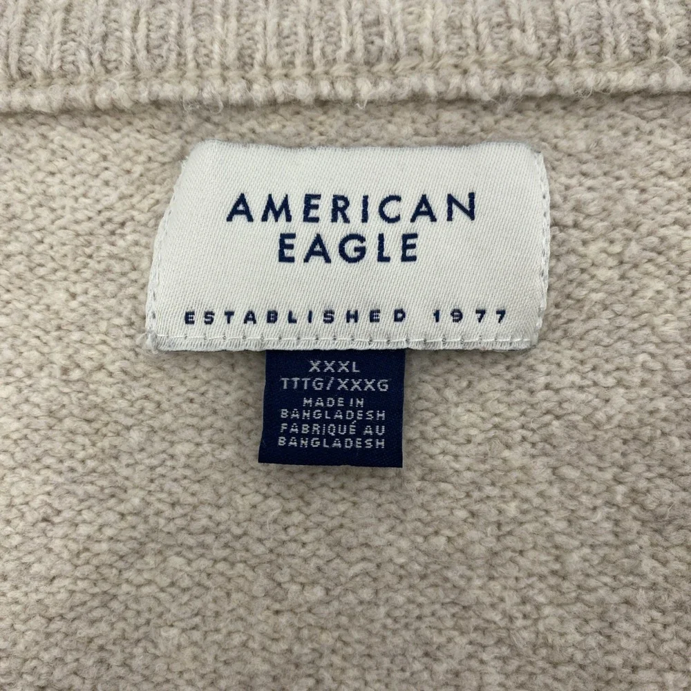 American Eagle Sweater Mens 3XL Beige Oatmeal Knit V Neck Preppy Minimalist Dad - Picture 4 of 11